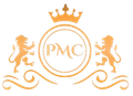 Gold logo with crown, two lions, circle with "PMC", and decorative flourishes.