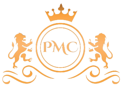Gold logo with crown, two lions, circle with "PMC", and decorative flourishes.