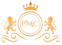 Gold logo with crown, two lions, circle with "PMC", and decorative flourishes.