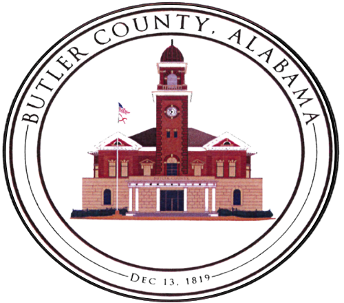 a seal for butler county alabama with a clock tower