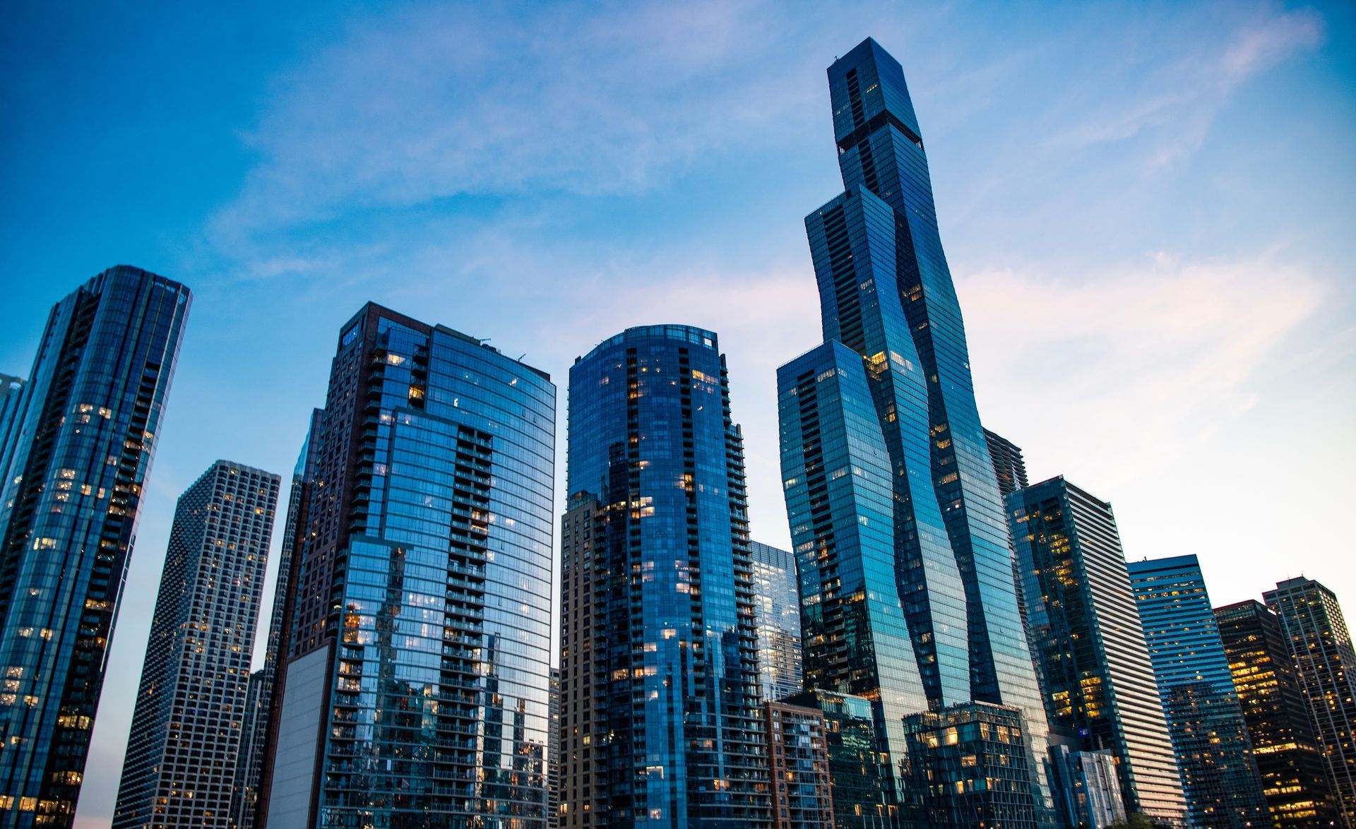 Skyscrapers against a blue twilight sky