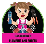 A cartoon character holds a plumbing torch and pliers in front of a faucet. Pink banner reads: CASTANEDA'S PLUMBING AND ROOTER