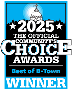 2025 Community's Choice Awards winner. Blue, white, and black badge with Best of B-Town and a cityscape design.