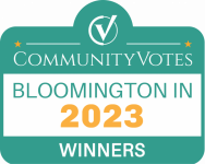 CommunityVotes Bloomington IN 2023 Winners badge: teal, white, and gold colors, with a checkmark symbol.