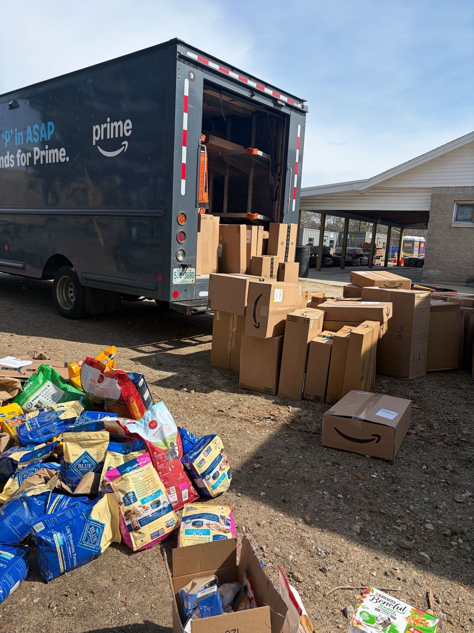 An Amazon delivery truck parked outside with a large pile of cardboard packages and bags of pet food on the ground.