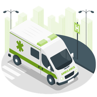 An isometric illustration of an ambulance parked in front of a hospital.