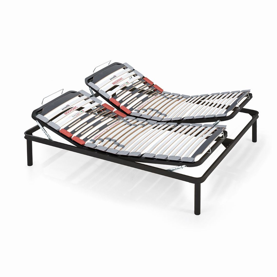 Una struttura letto elettrica nera, con doppia regolazione e supporto a doghe, mostrata in posizione inclinata e rialzata.