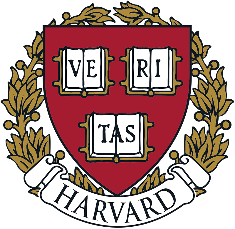Harvard University shield: red crest with three open books, laurel wreath, white banner with 
