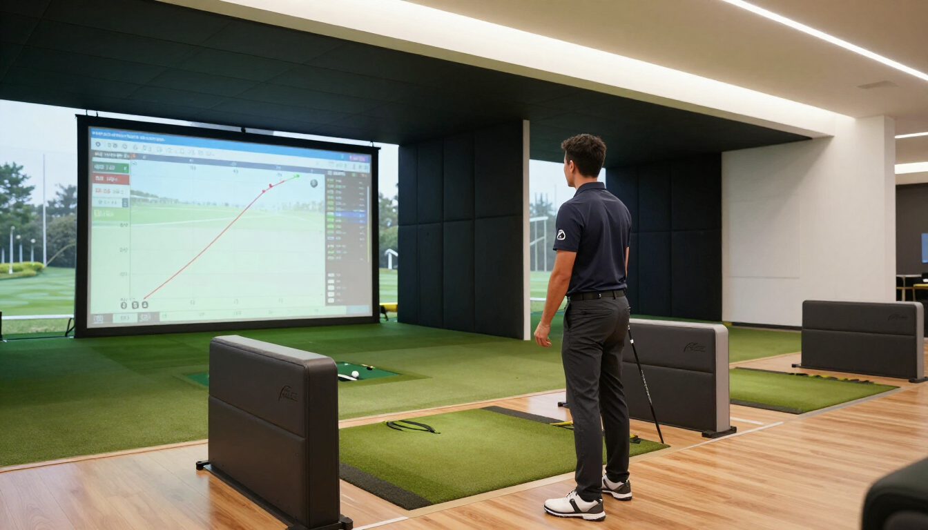 Golfer practicing in an indoor simulator