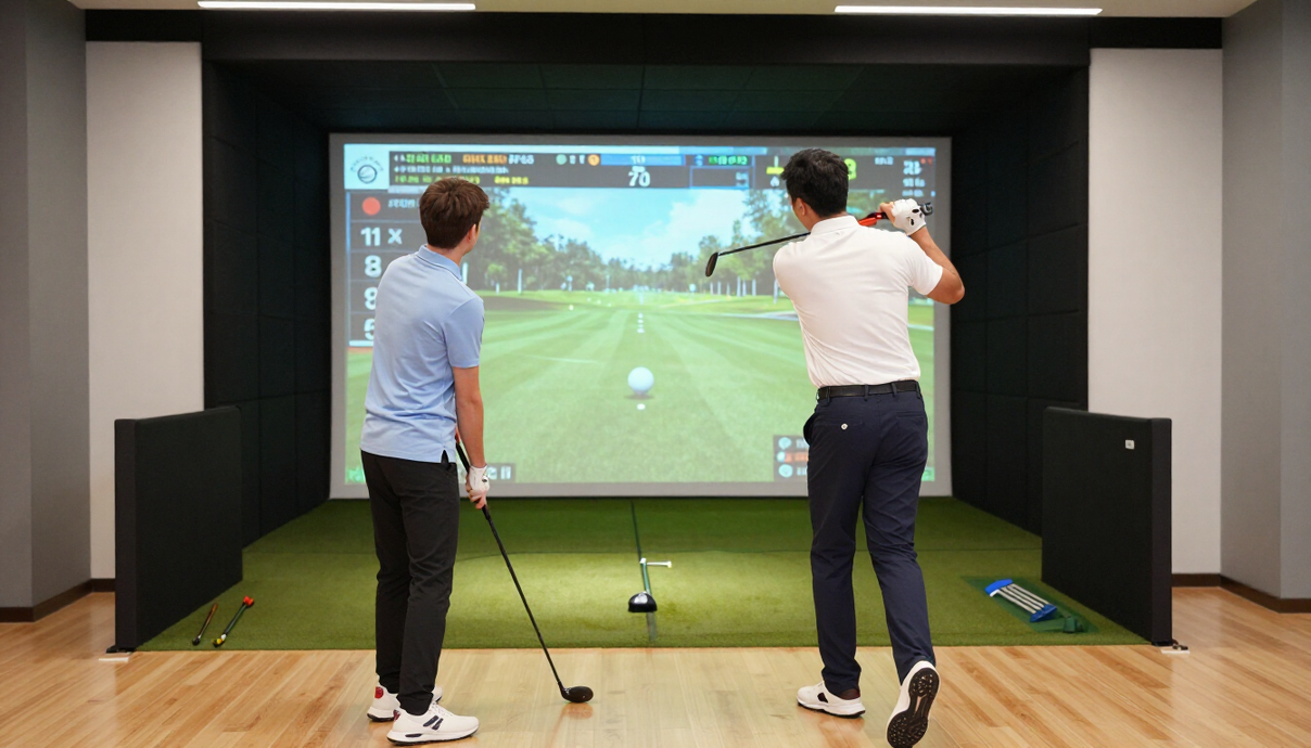 Golf instructor guiding a player using a simulator