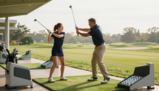 Golf coach and player working on a swing on the range