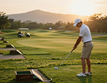 Golfer practicing on the range at sunset