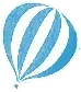 Blue and white striped hot air balloon floating in the sky.