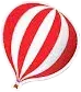 Red and white striped hot air balloon rising.