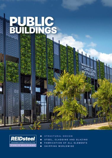 A brochure for public buildings shows a building with a green wall.