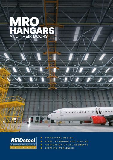 A brochure for mro hangars and their doors with an airplane on the cover.