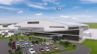 An artist 's impression of a bombardier hangar with a plane flying overhead.