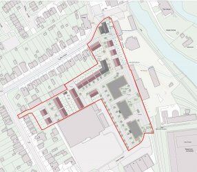 A map of a residential area with a red outline.