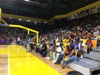 A crowd of people are sitting in the stands at a basketball game.