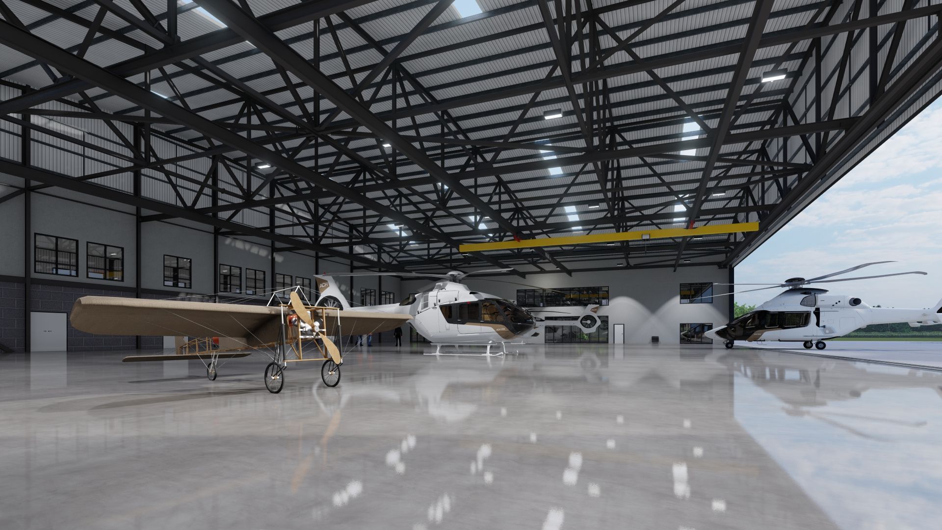 A large  Reidsteel hangar with a plane and a helicopter inside of it.