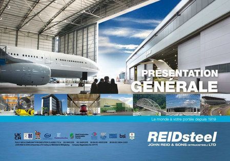 A brochure for a company called reidsteel shows an airplane in a hangar.