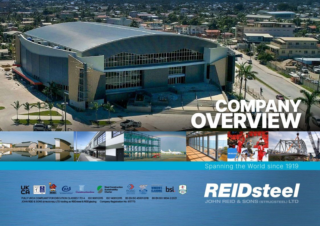 A company overview for reidsteel shows a large building