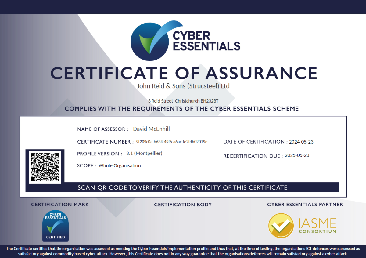 A cyber essentials certificate of assurance is displayed on a white background.