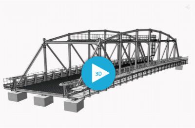 A 3d model of a bridge with a play button.