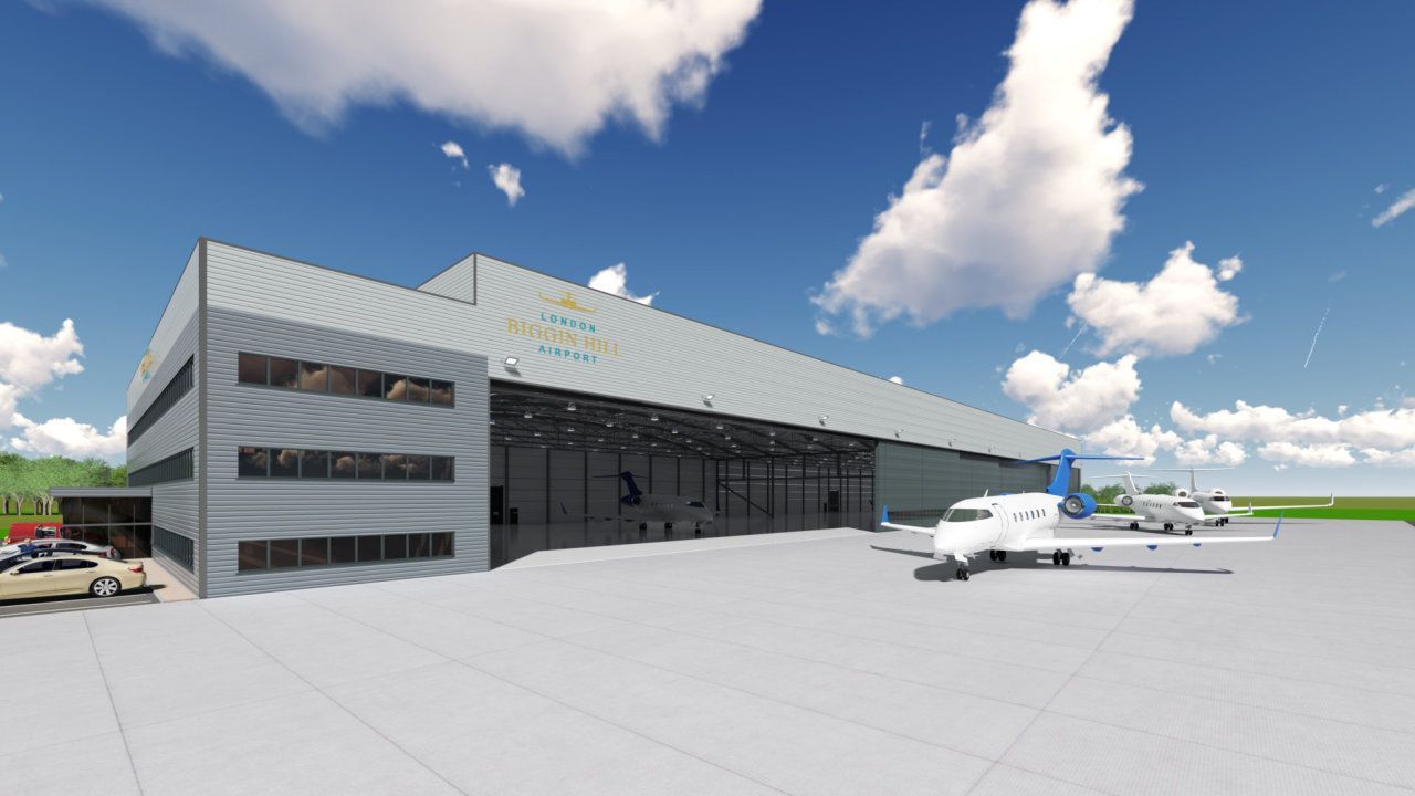 An artist 's impression of a large aircraft hangar with a plane parked in front of it.