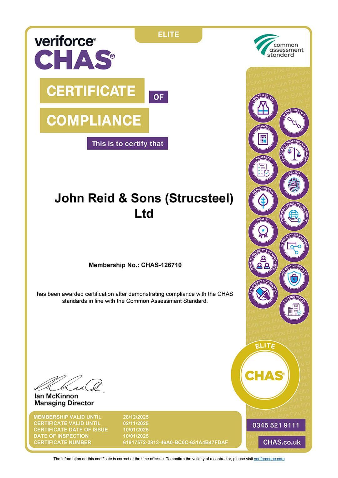 A certificate of compliance for john reid & sons ltd