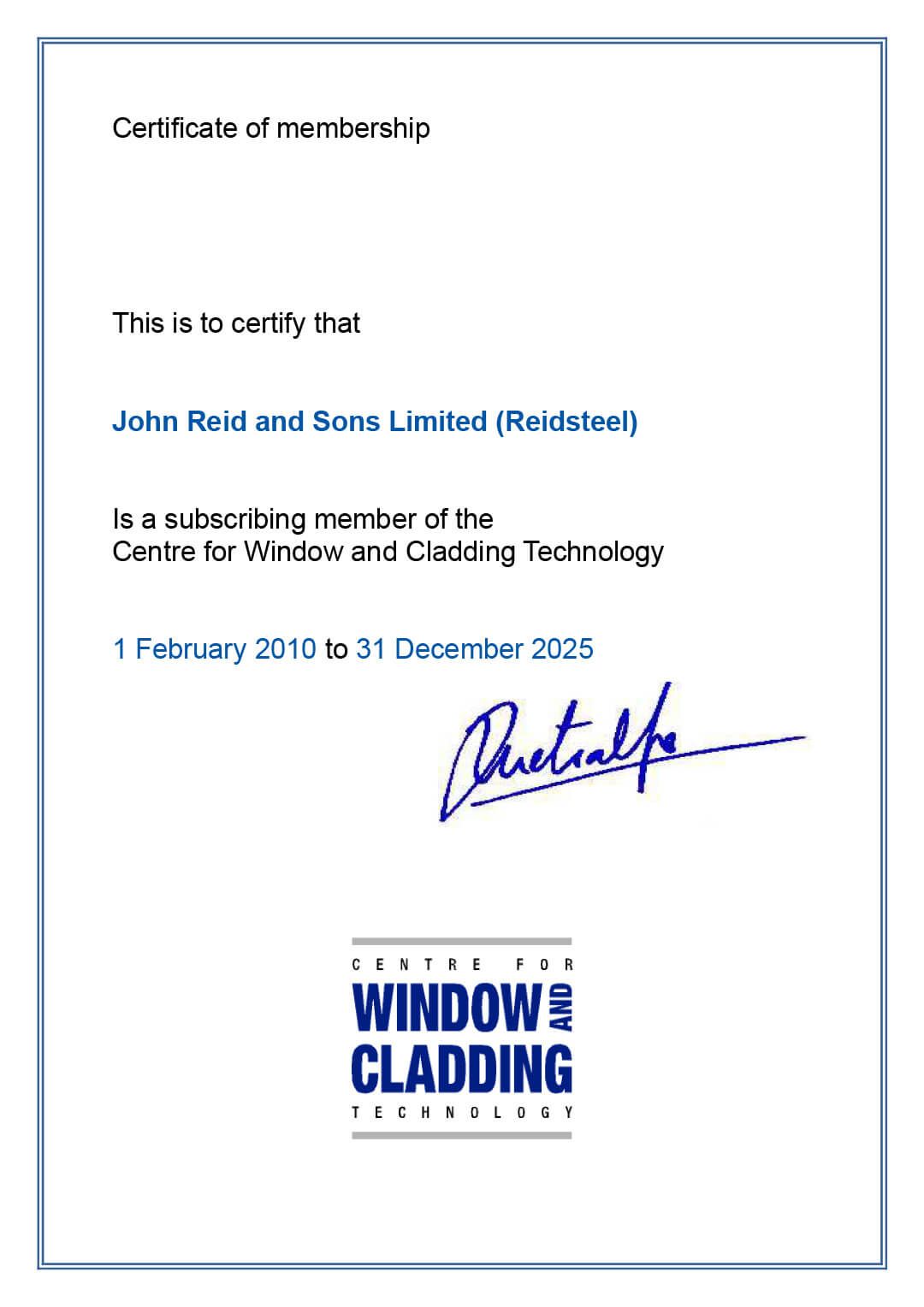 A certificate for window and cladding with a signature on it.