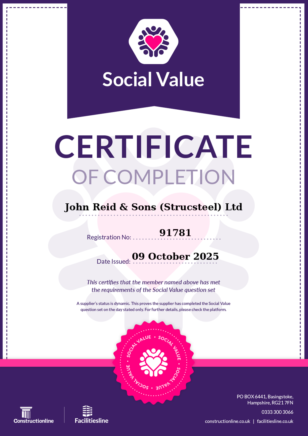 A certificate of completion for a social value certificate
