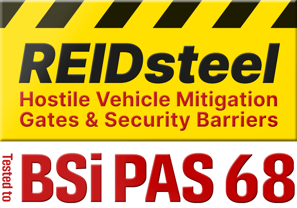 The logo for reidsteel anti vehicle attack gates and security barriers.