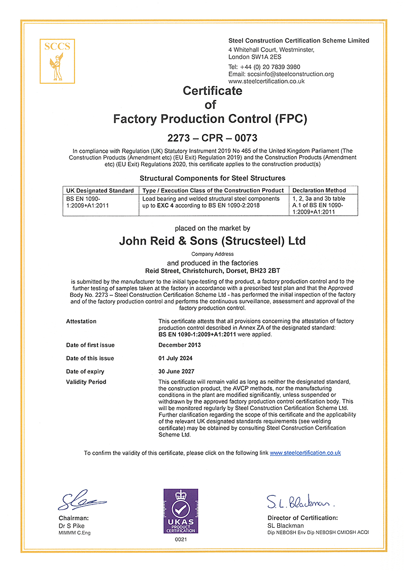 A certificate of factory production control is displayed on a white background.