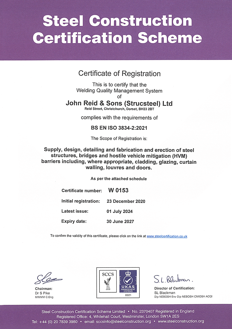 A certificate for a steel construction certification scheme