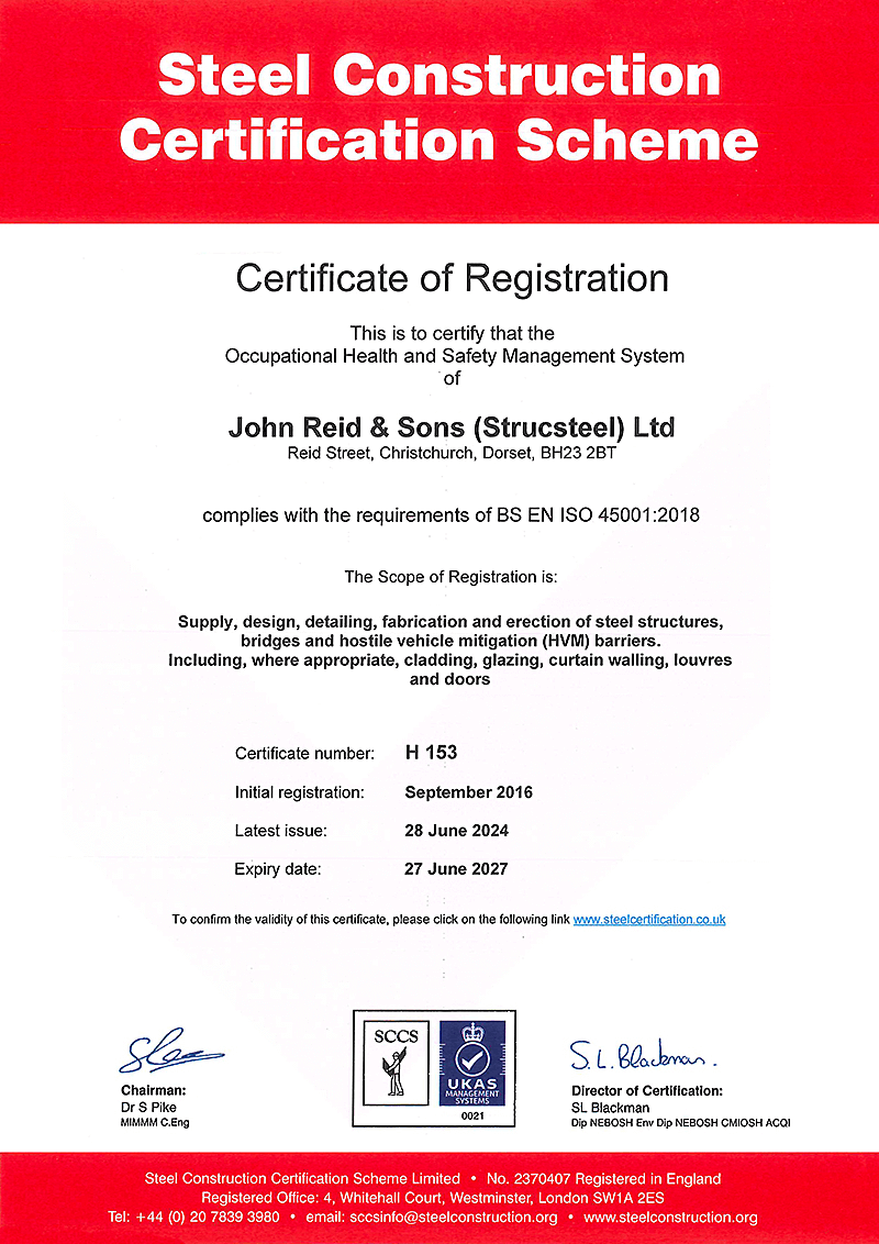 A certificate of registration for a steel construction certification scheme