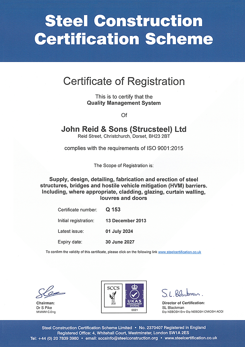 A certificate of registration for a steel construction certification scheme.