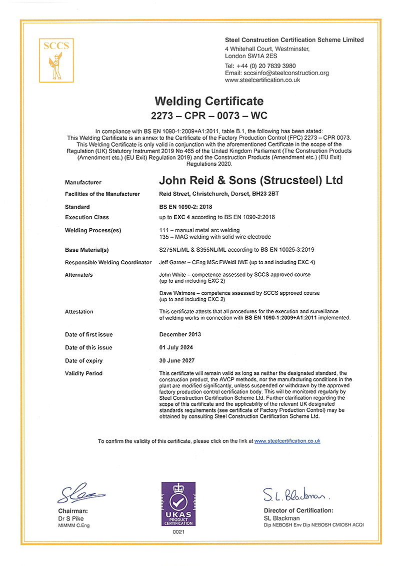 A welding certificate is displayed on a white background.