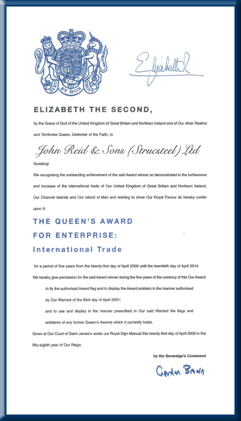 A certificate from the queen 's award for enterprise international trade