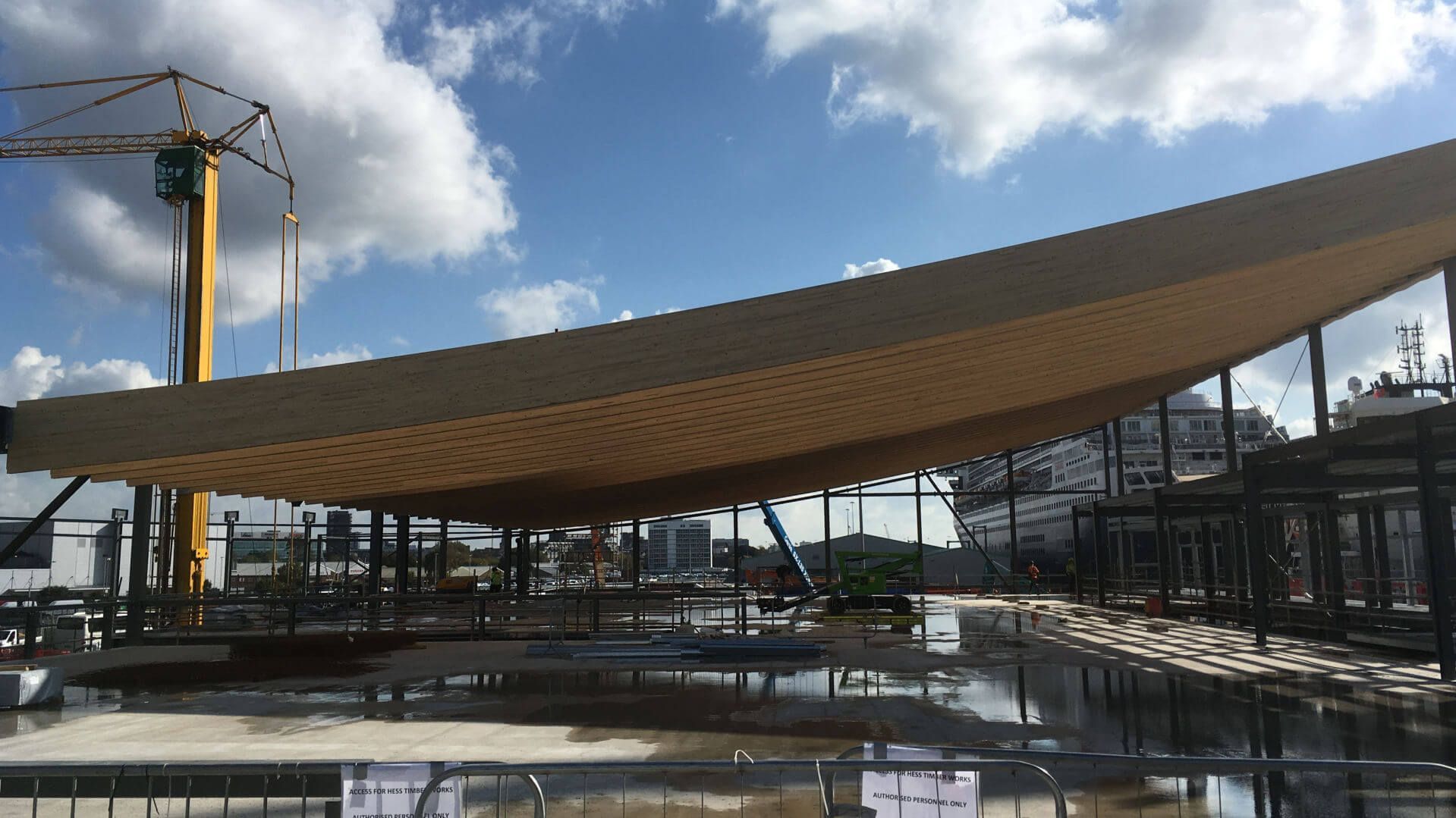 A large building under construction with a crane in the background