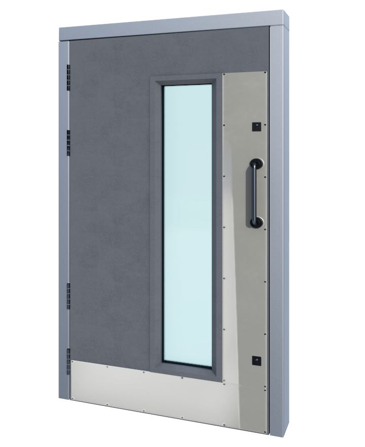 A door with a handle and a glass window