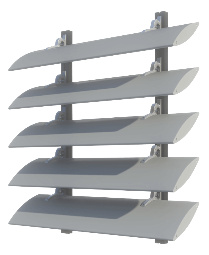 A close up of a gray blind on a white background