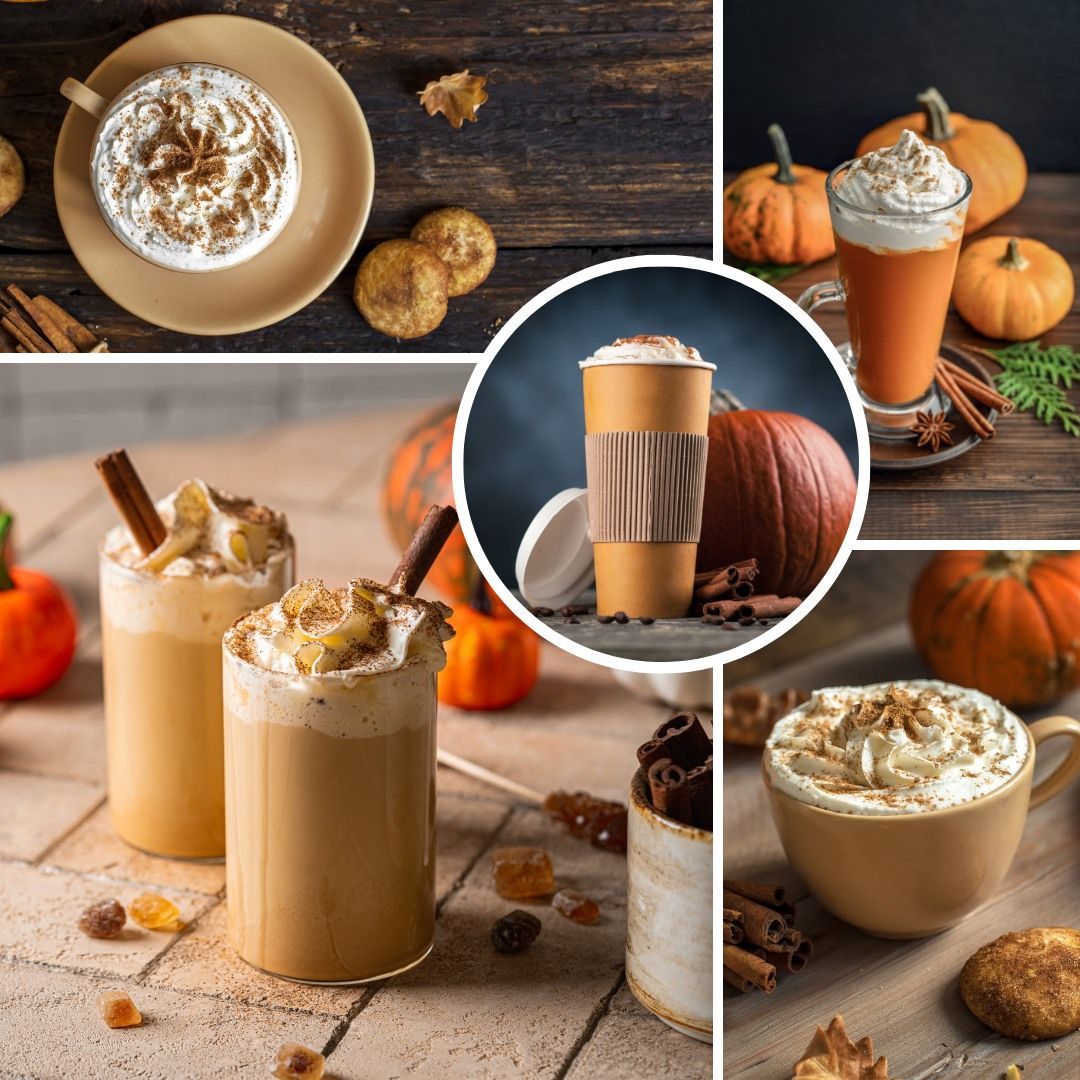 Collage of pumpkin spice drinks: coffee, lattes, and a tall glass, decorated with whipped cream and cinnamon.