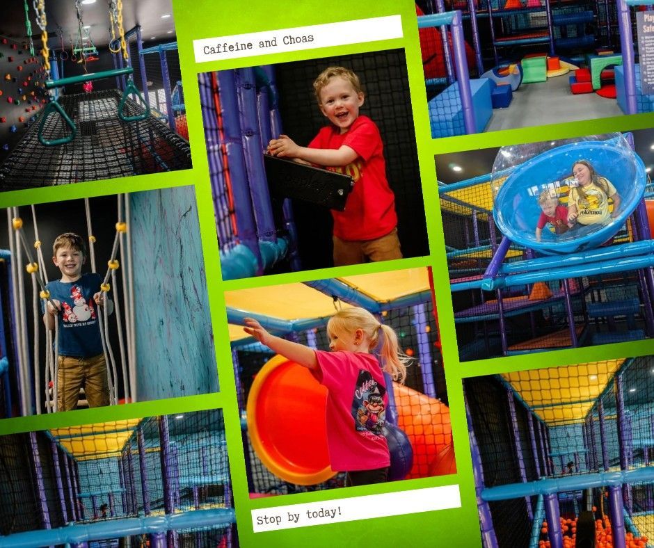 Children playing in an indoor playground with colorful structures. Joyful expressions.