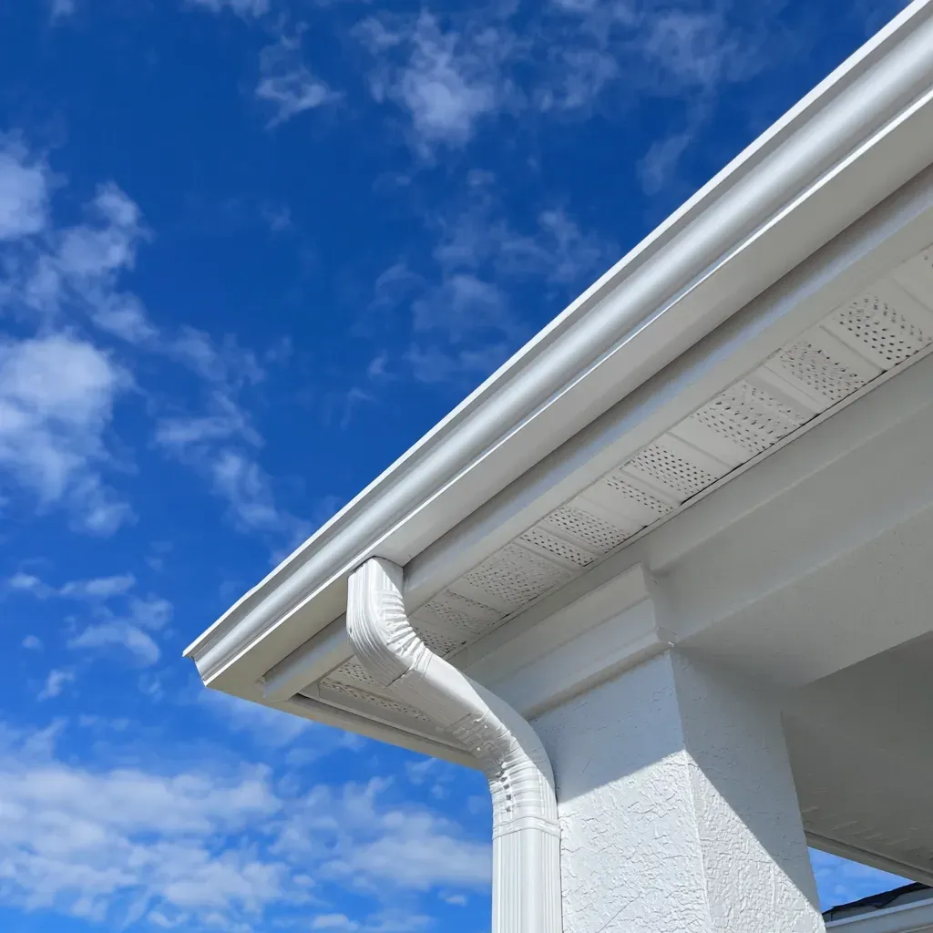 Aluminum gutters, vinyl soffits, and fascia board replacement with roof maintenance in Lehigh Acres FL to prevent water intrusion.