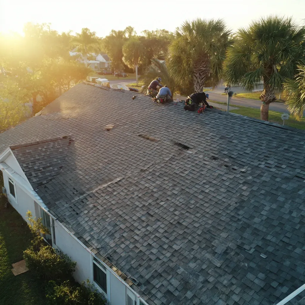 Lehigh Acres FL asphalt shingle roofing specialists replacing brittle shingles, repairing flashing, and sealing ridge caps after storm damage.