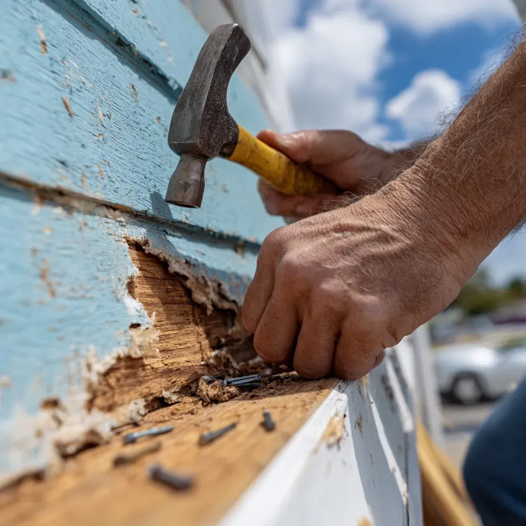Soffit and fascia repair in Lehigh Acres FL with upgraded vented panels, wood rot replacement, and pest barrier installation.