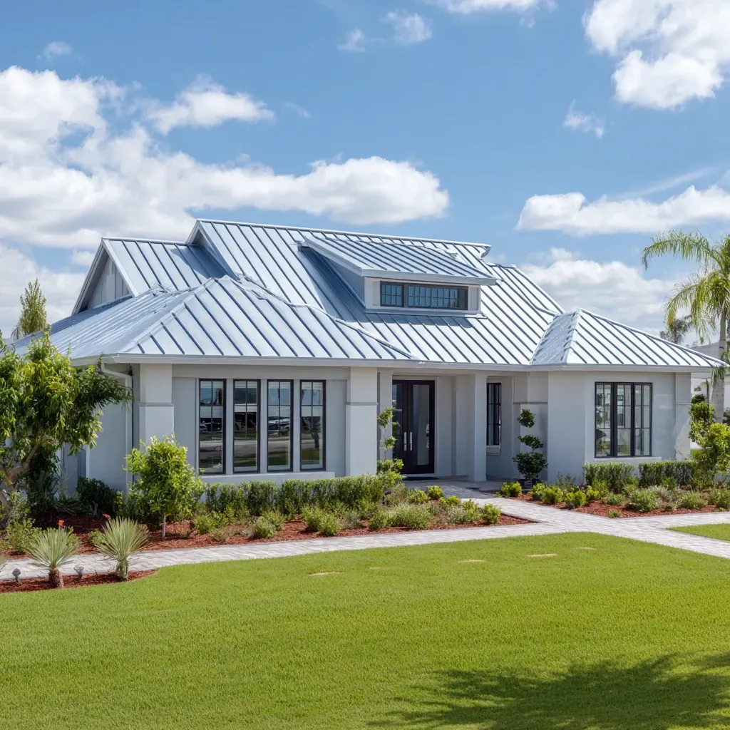 Metal roof replacement and installation Lehigh Acres FL with standing seam panels, concealed fasteners, and hurricane straps.