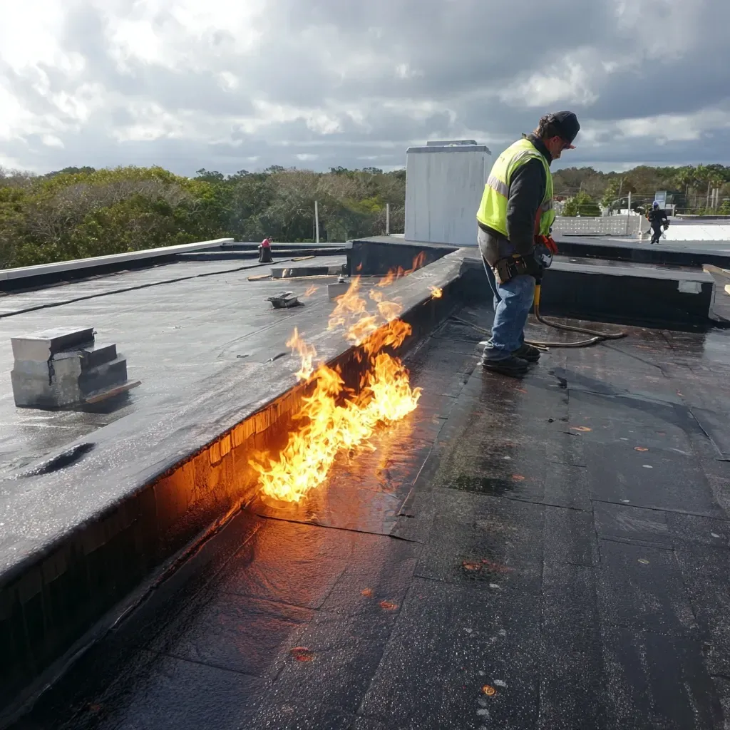 TPO commercial flat roof repair in Lehigh Acres FL with heat-welded seam patches and edge detail restoration.