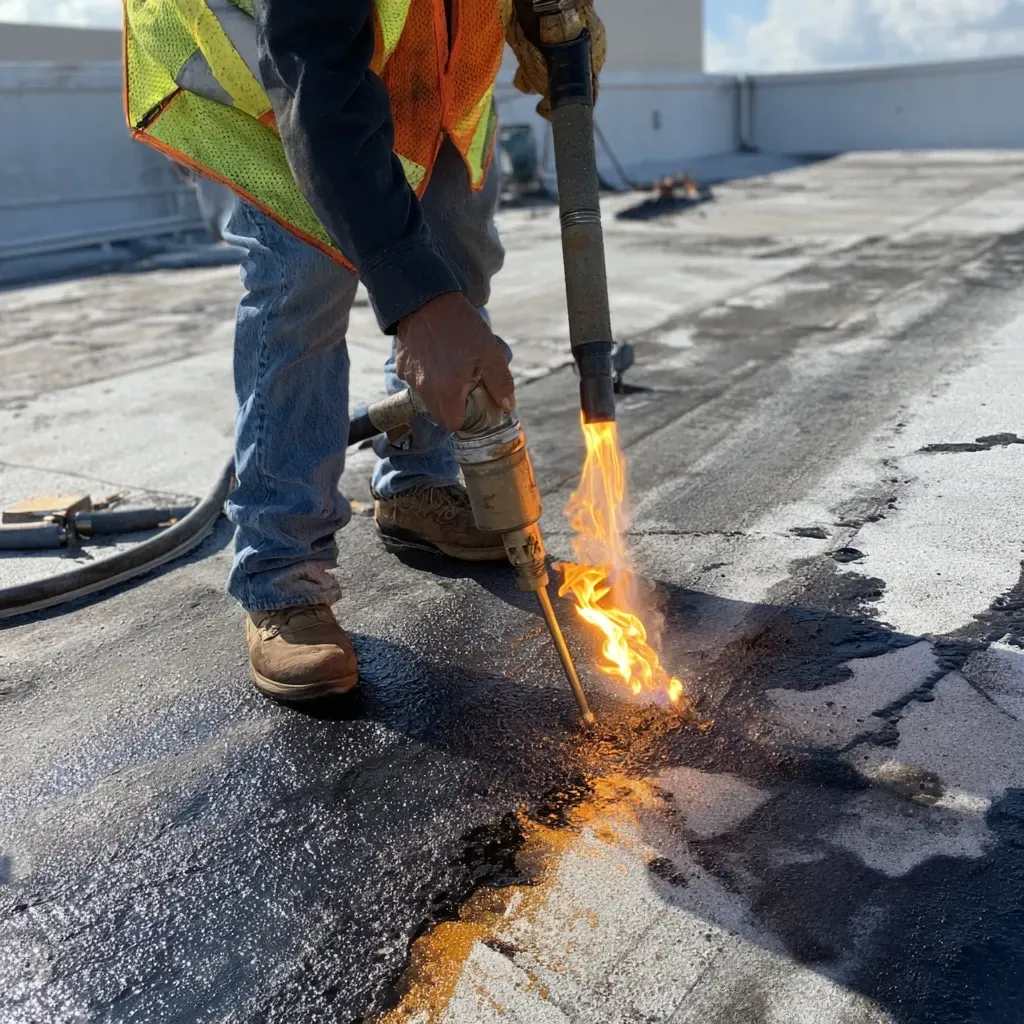 Energy-efficient commercial flat roof installation Lehigh Acres FL with solar-reflective white membrane and R‑30 insulation.